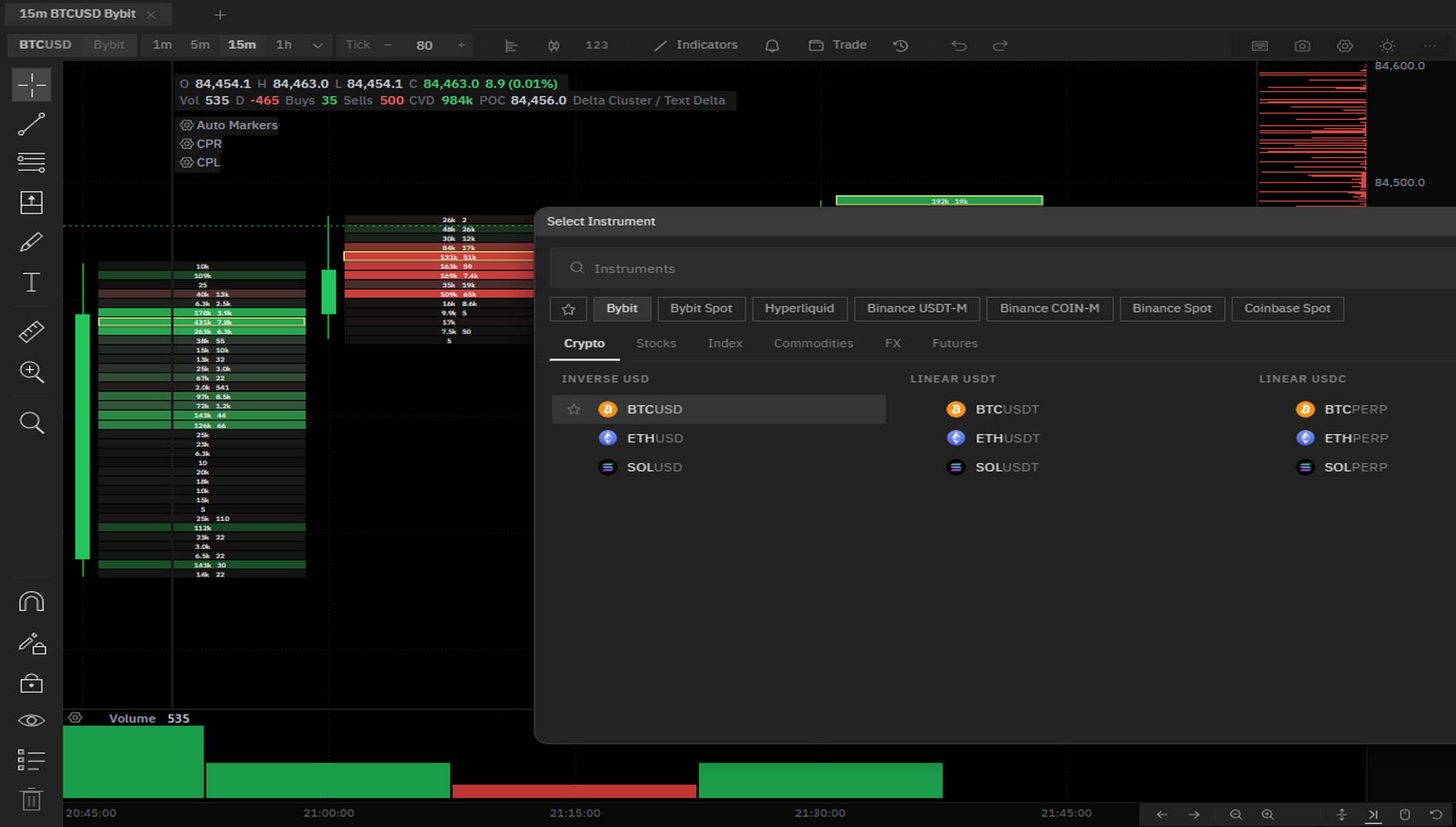 The instrument picker: venue filters for Bybit,
            Bitget, Binance and Hyperliquid, and inverse and linear contract columns